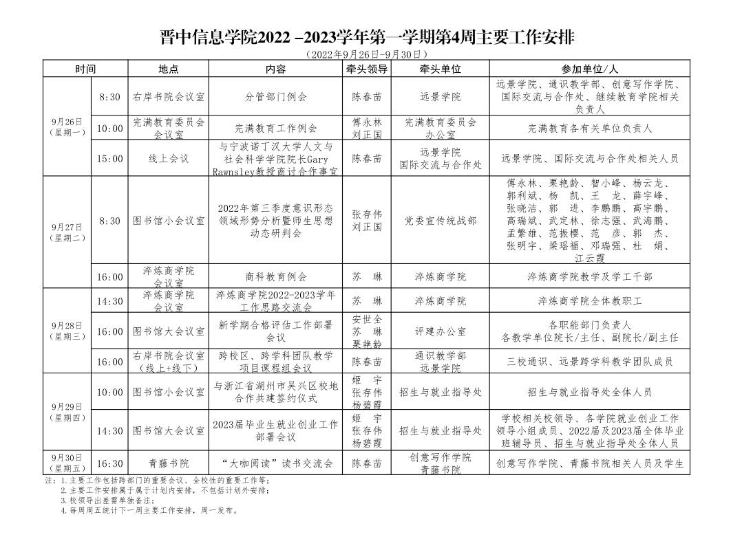 金年会官方网站2022—2023学年第一学期第4周主要工作安排